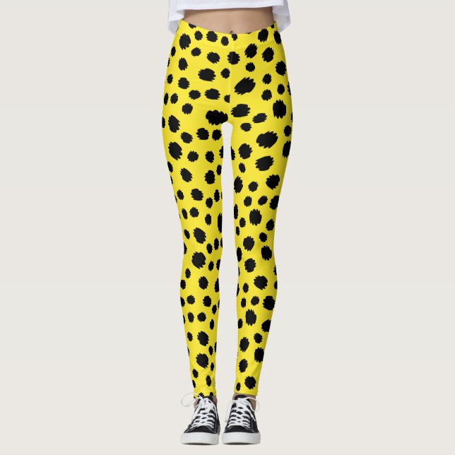 Safari Cat Leopard Skin Wild Pattern Black Yellow Leggings (Front)