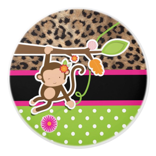 Safari Chic Monkey Leopard Cheetah Pink & Green Ceramic Knob (Front)