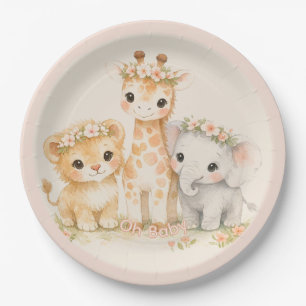 Safari Cute Animal Blush Pink Peach Baby Shower Paper Plate