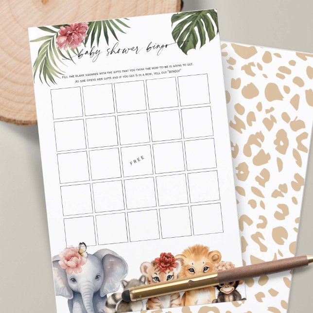 Safari Cute Animals Baby Girl Shower Bingo (Baby Girl Shower BINGO game, Wild One Safari Animals Themed Baby Shower.)
