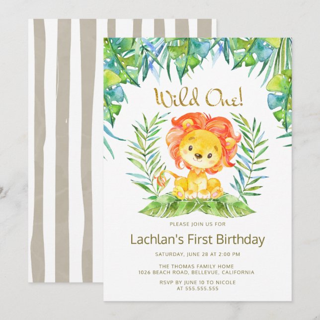 Safari Cute Lion Wild One 1st Birthday Party Invitation (Front/Back)
