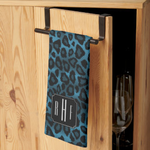 Safari Deep Blue Leopard - Monogram Kitchen Towel