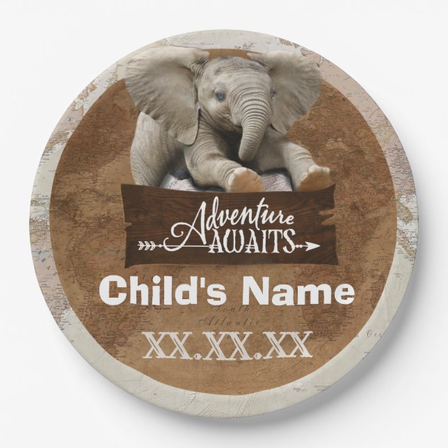 Safari Elephant “Adventure Awaits” Theme Paper Plate (Front)