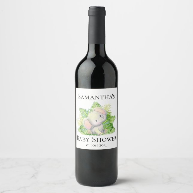 Safari Elephant Baby shower Wine Label (Front)