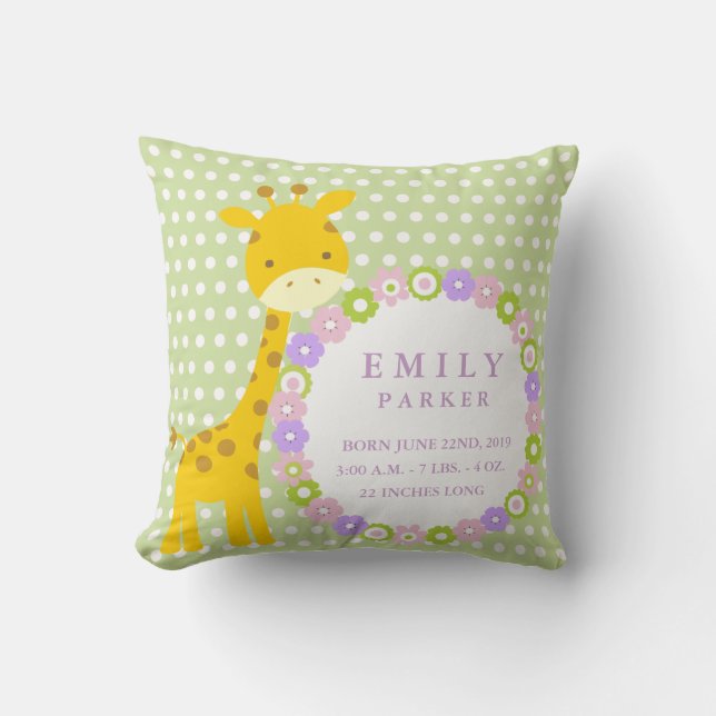 Safari Elephant Birth Announcement Stats Pillow (Front)