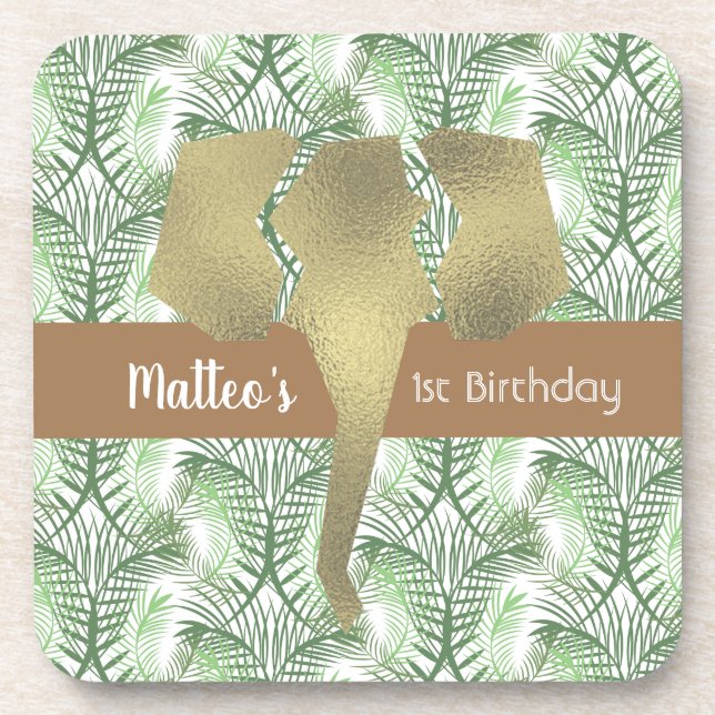 Safari Elephant Faux Gold Greenery Coaster (Front)