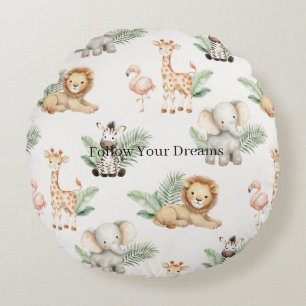 Safari Elephant Giraffe Zebra Flamingo Lion   Round Cushion