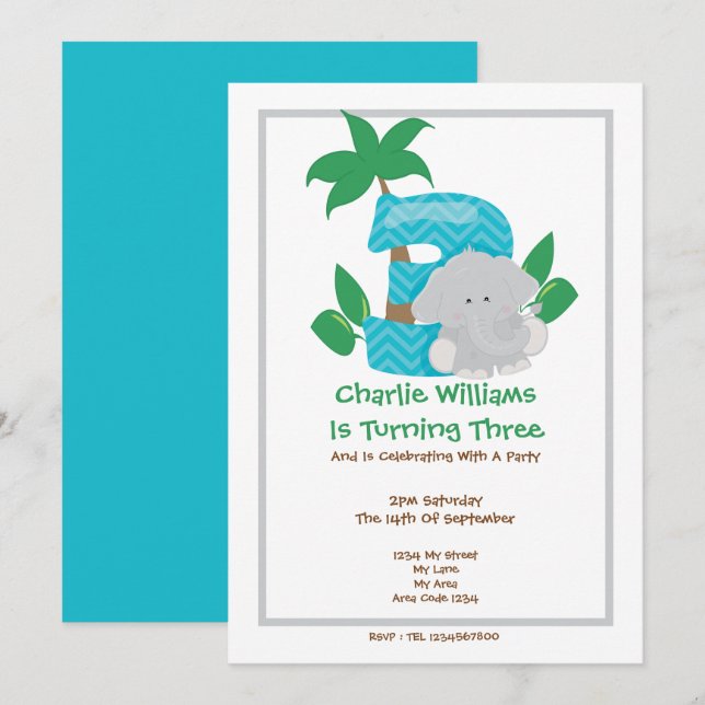 Safari Elephant Third Birthday Party Invitation (Front/Back)