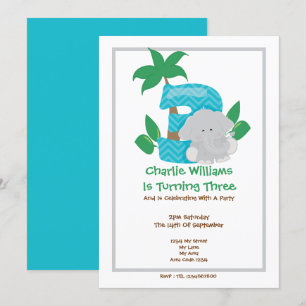 Safari Elephant Third Birthday Party Invitation