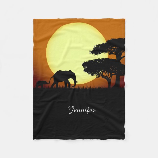 Safari elephants at sunset fleece blanket (Front)
