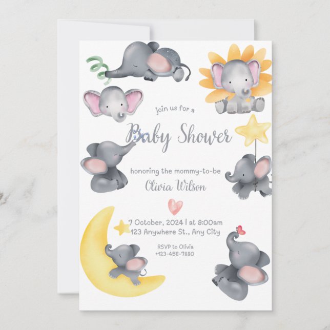 Safari Elephants Watercolor Baby  Shower  Invitation (Front)