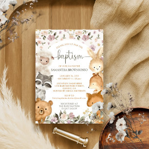 Safari Farm Animal Bear Fox Rabbit Racoon Baptism Invitation