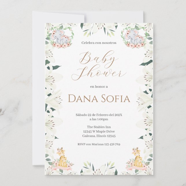 Safari floral Spanish Baby Shower Girl invitation (Front)