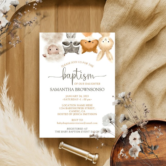 Safari Forest Farm Cute Animal Baby Baptism Invitation (Creator Uploaded)