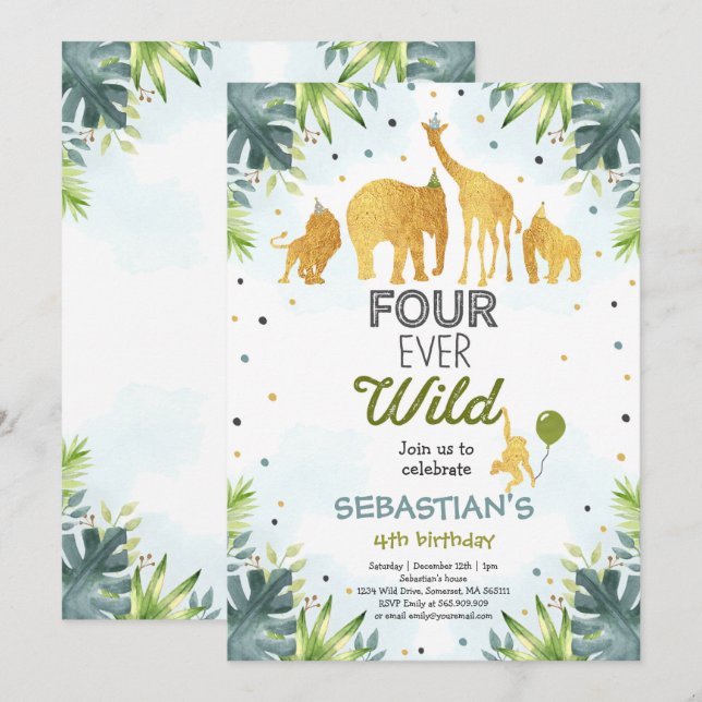 Safari Four Ever Wild Birthday Invitation Green (Front/Back)