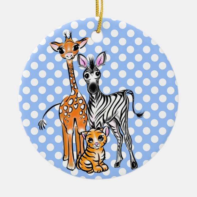 Safari friends, giraffe, zebra, tiger, blue polka ceramic tree decoration (Front)