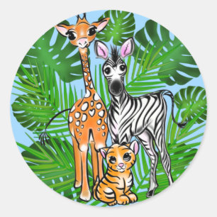 Safari friends, giraffe, zebra, tiger, palm leaves classic round sticker