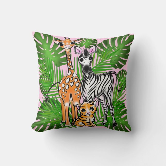 Safari friends, giraffe, zebra, tiger, palm leaves cushion (Front)