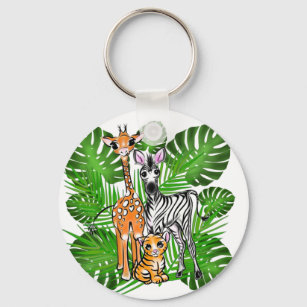 Safari friends, giraffe, zebra, tiger, palm leaves key ring