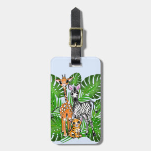 Safari friends, giraffe, zebra, tiger, palm leaves luggage tag