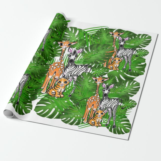 Safari friends, giraffe, zebra, tiger, palm leaves wrapping paper (Unrolled)