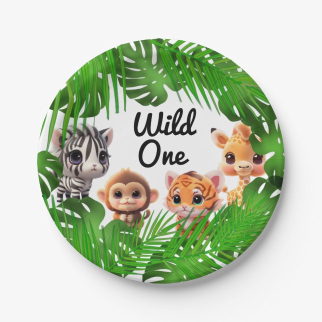 Safari friends tiger giraffe zebra monkey elephant paper plate (Front)