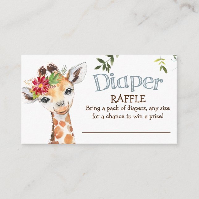Safari Giraffe Diaper Raffle Blue Baby Shower Enclosure Card (Front)