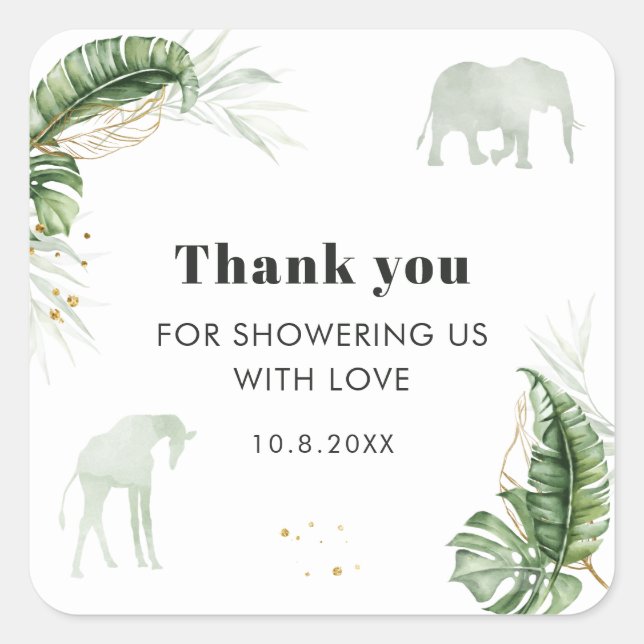 Safari Giraffe Elephant Botanical Baby Shower Square Sticker (Front)