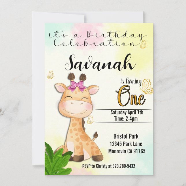 Safari  Giraffe first Birthday invitation (Front)