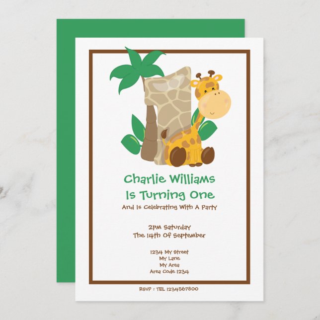Safari Giraffe First Birthday Party Invitation (Front/Back)
