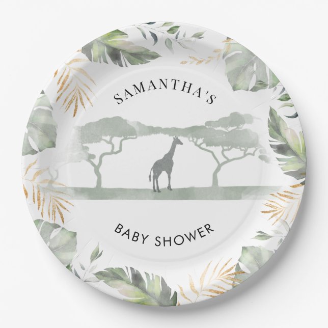 Safari Giraffe Palm Leaves Baby Shower Paper Plate (Front)