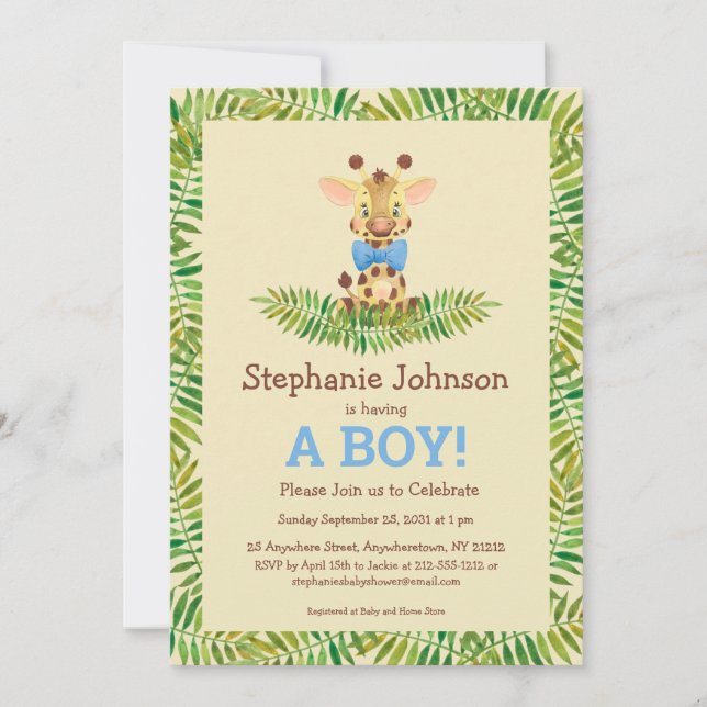 Safari Giraffe Watercolor Cute Boy Baby Shower Invitation (Front)
