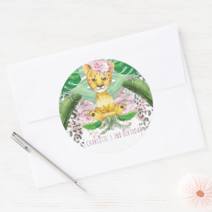 Safari Girl Party Lion Illustration Personalised Classic Round Sticker