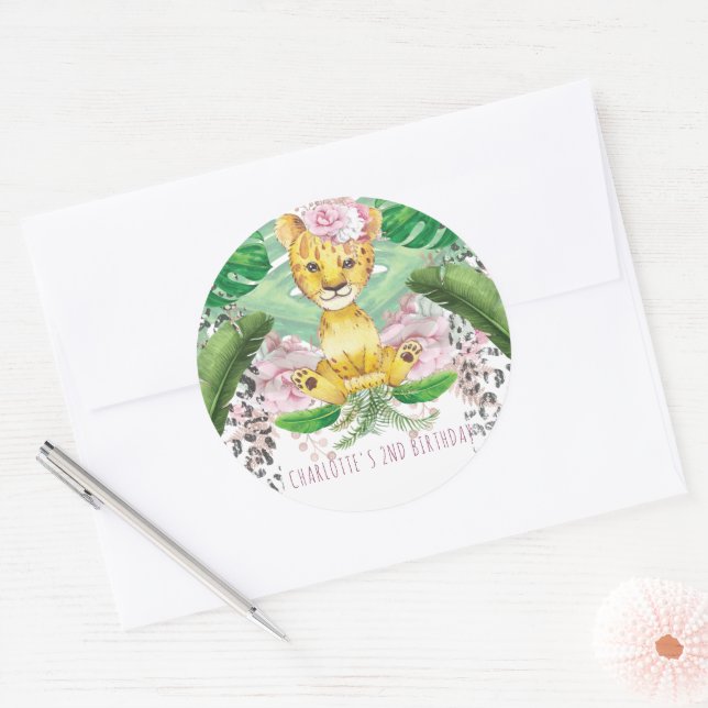 Safari Girl Party Lion Illustration Personalised Classic Round Sticker (Envelope)