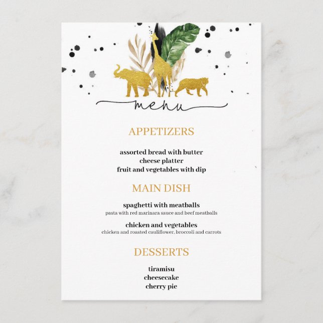 Safari Gold Animals Menu (Front)
