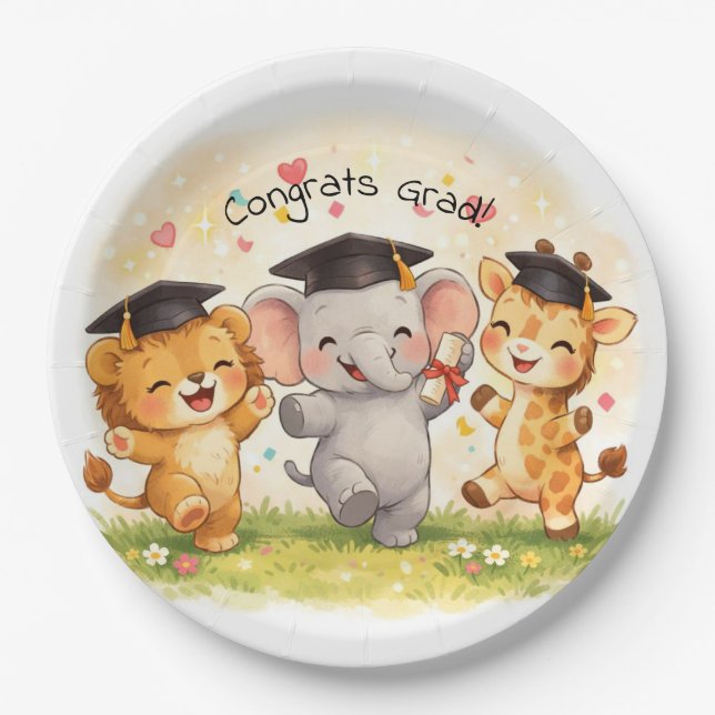 Safari Graduation Cute Animal Pastel Party  Paper Plate (Front)