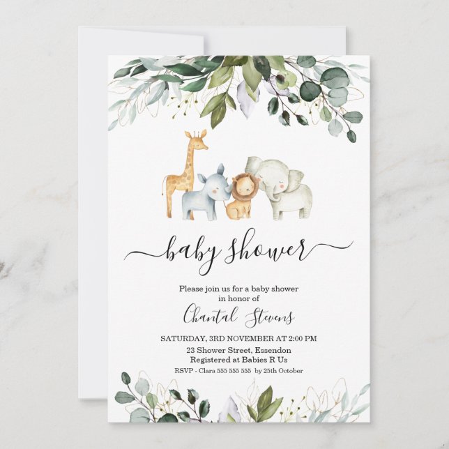 Safari Green Gold Foliage Baby Shower Invitation (Front)