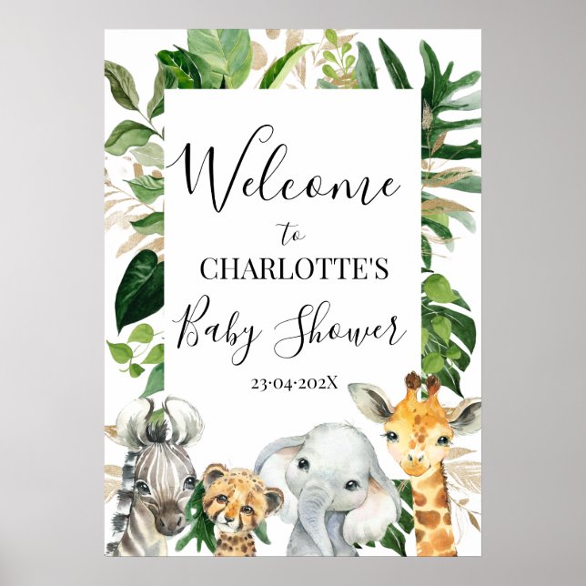 Safari Greenery Foliage Baby Shower Welcome Poster (Front)