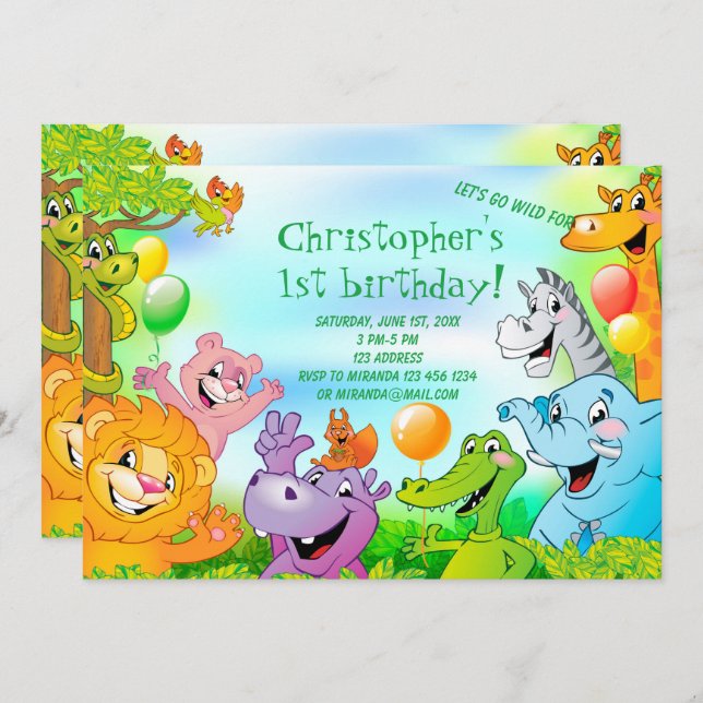 Safari jungle 1st birthday party invitation card (Front/Back)