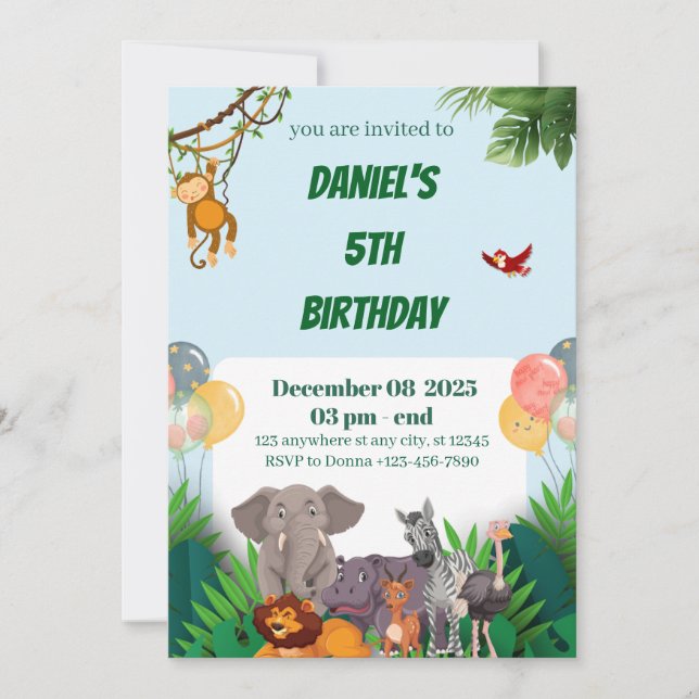 Safari Jungle Animal Birthday Invitation for kids (Front)