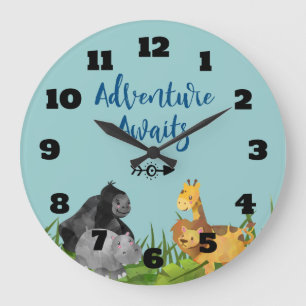 Safari Jungle Animal Illustration Adventure Awaits Large Clock