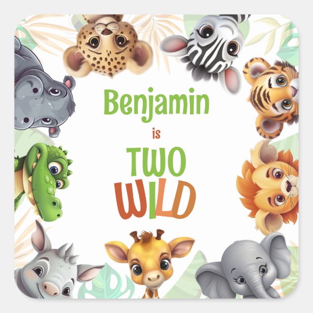 Safari Jungle Animal Kid's Two Wild Birthday Party Square Sticker (Front)
