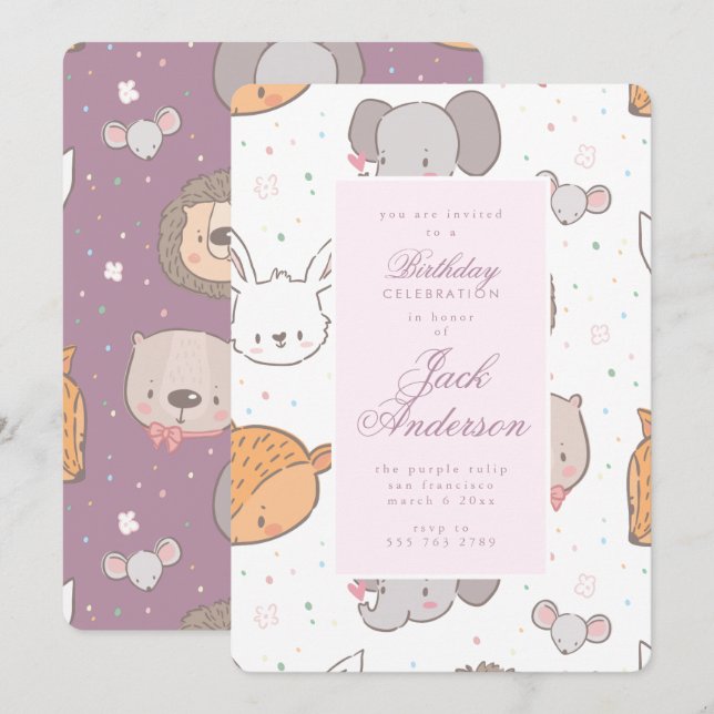 Safari Jungle Animal Pink Birthday Party Girl Invitation (Front/Back)