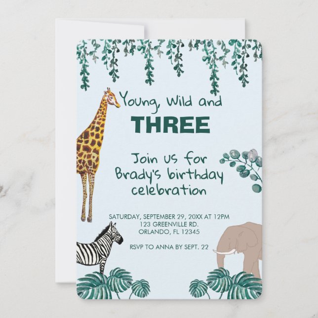 Safari Jungle Animal Third Birthday Invitation (Front)