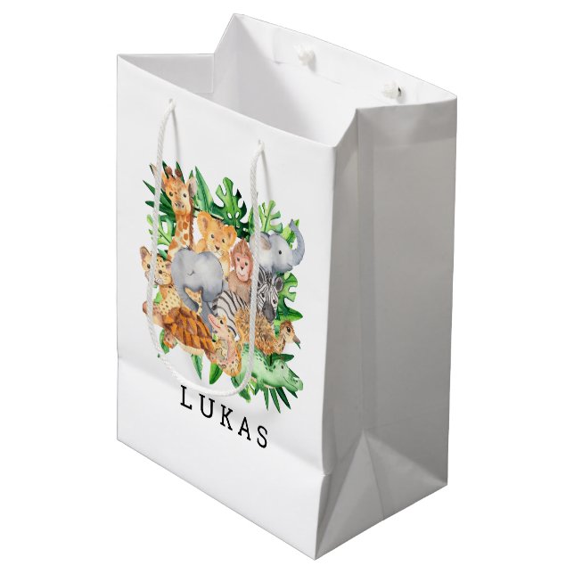 Safari Jungle Animals 1st Birthday Party Medium Gift Bag (Front Angled)