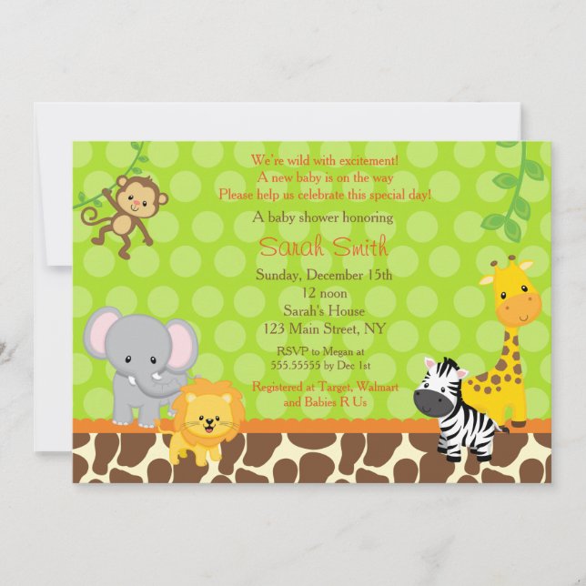 Safari Jungle Animals Baby Shower Invitations (Front)