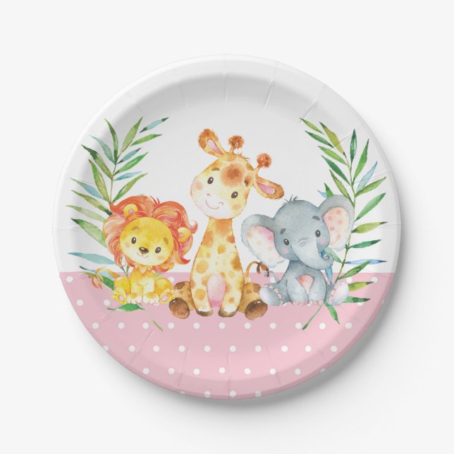 Safari Jungle Animals Baby Shower Pink Paper Plate (Front)
