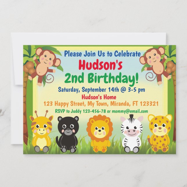 Safari Jungle animals birthday invitation (Front)