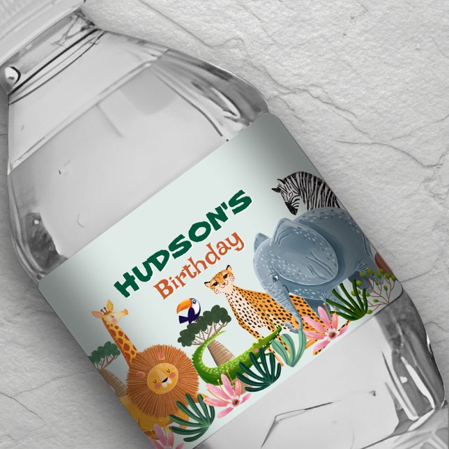 Safari jungle animals birthday water bottle Label (Creator Uploaded)