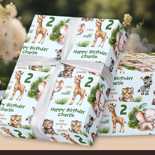 Safari Jungle Animals Blue Green 2nd Birthday Name Wrapping Paper (Safari Jungle Animals Blue Green 2nd Birthday Name Wrapping Paper)